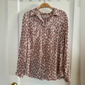 LOFT Pink and Cream Polka Dot Long Sleeve Blouse
